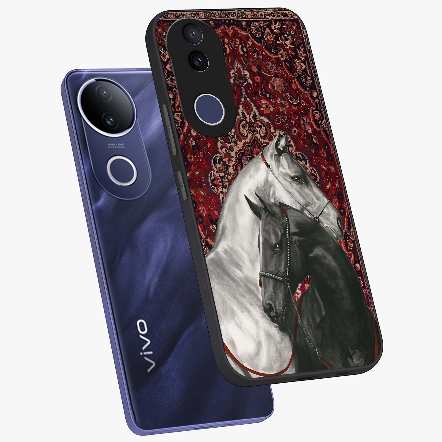 Regal Stallion Tapestry Glass Case displayed in angled mockup highlighting royal stallion design with decorative heritage aesthetic.