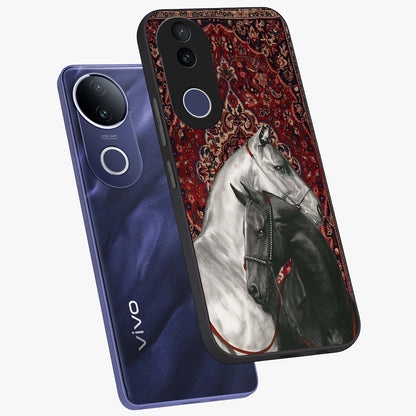 Regal Stallion Tapestry Glass Case displayed in angled mockup highlighting royal stallion design with decorative heritage aesthetic.
