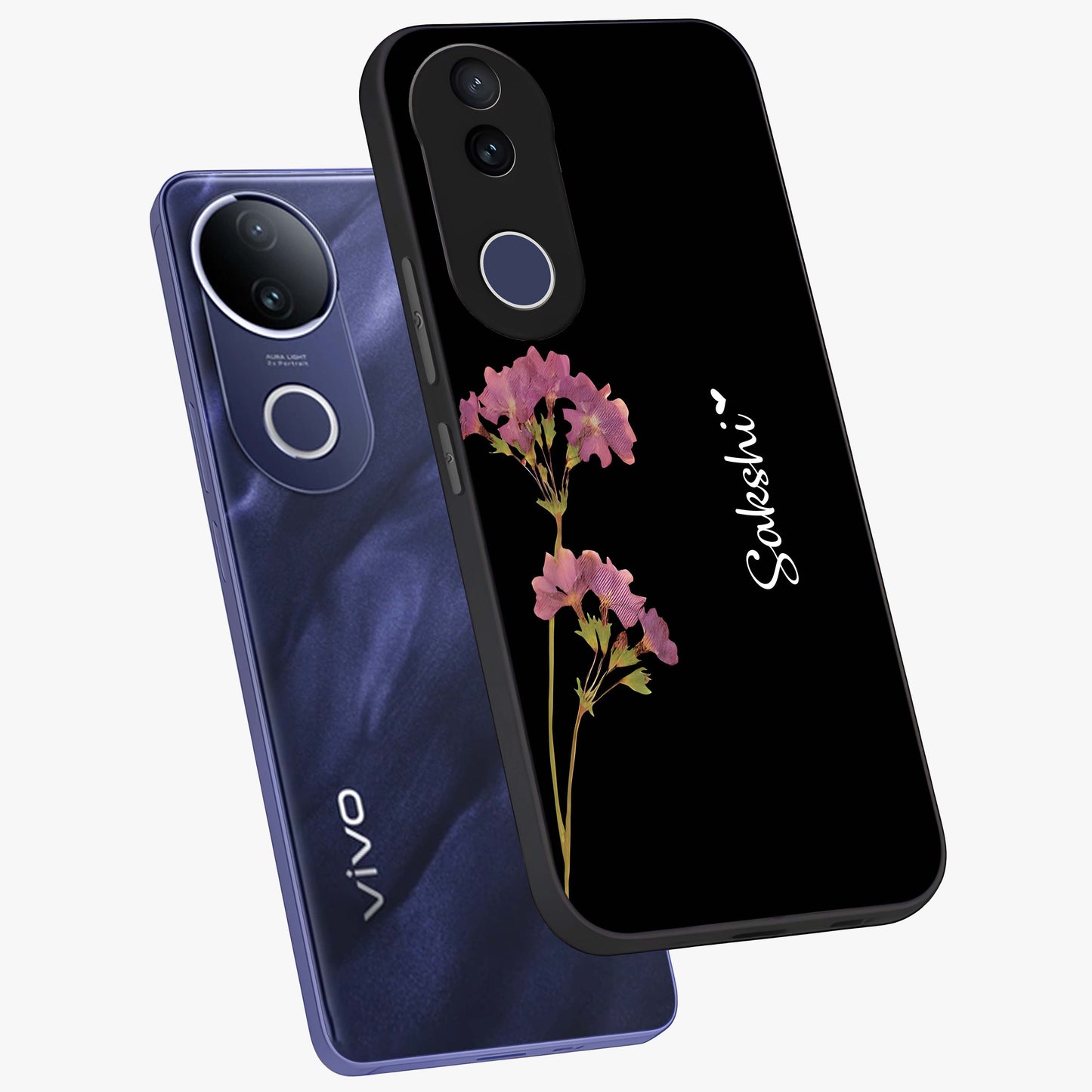Riching Lavender Flower Custom Name Glass Case displayed in angled mockup highlighting delicate lavender flower design with custom name feature.