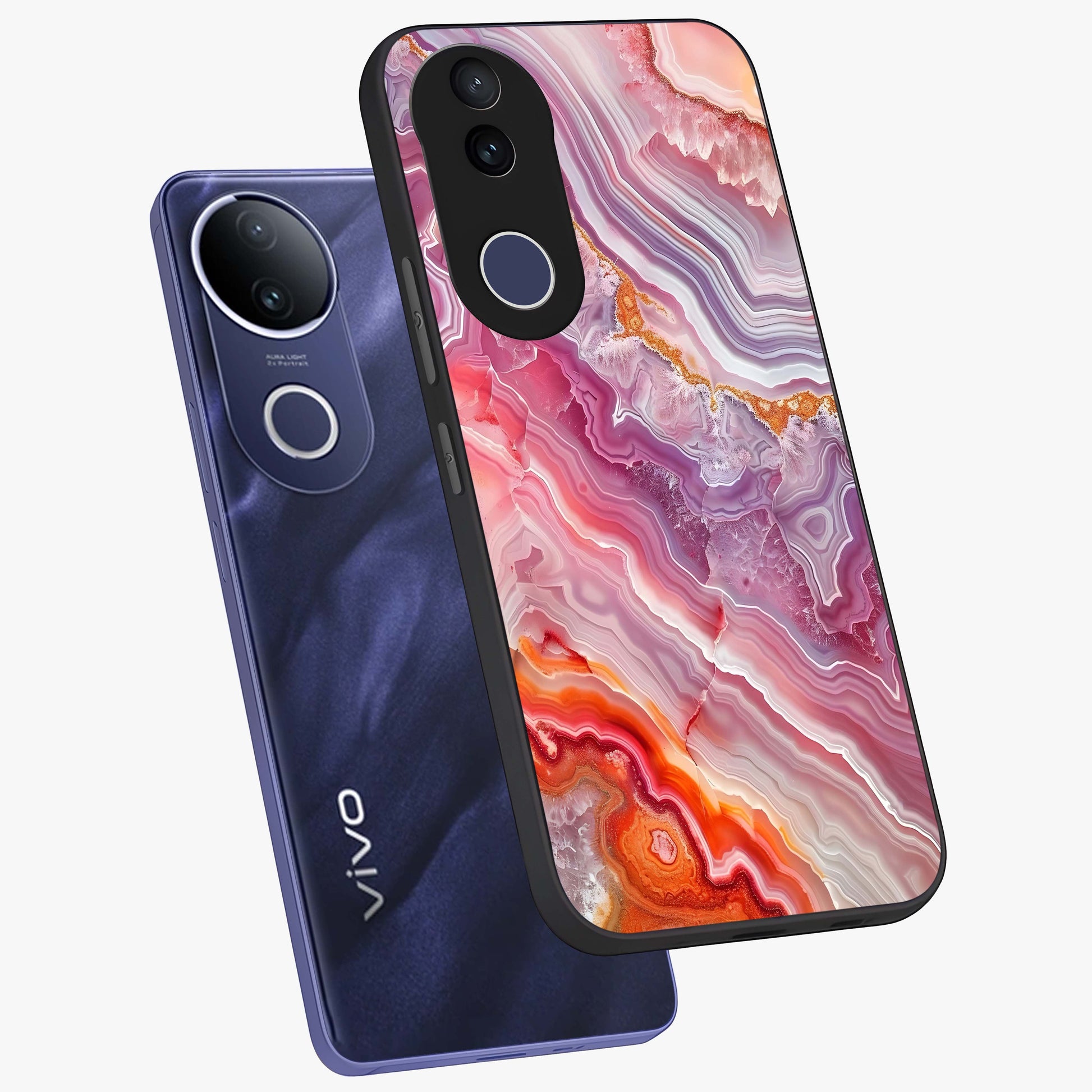 Rose Quartz Marble Glass Case displayed in angled mockup highlighting elegant marble pattern with soft aesthetic style.