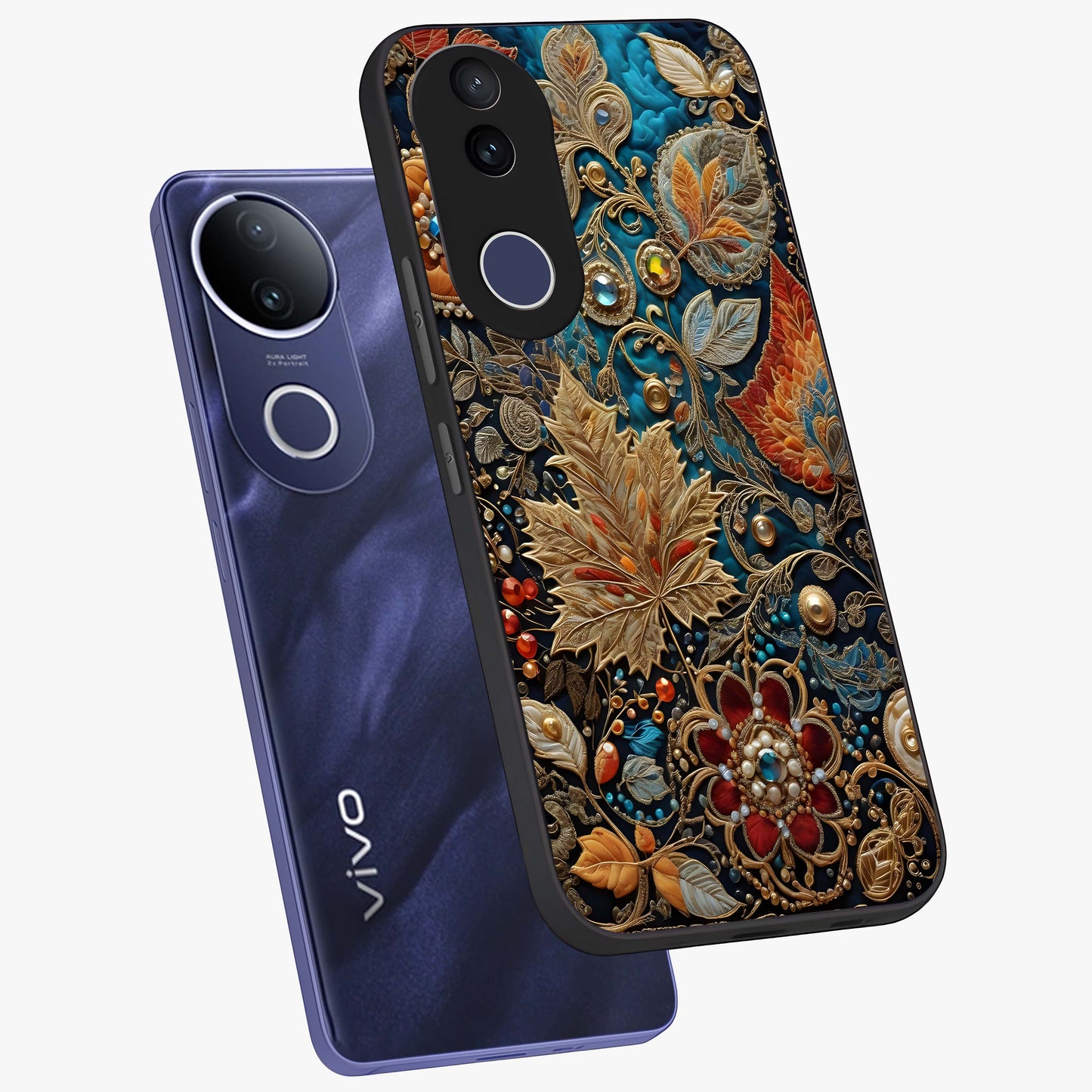 Royal Jewel Garden Glass Case displayed in angled mockup highlighting vibrant jewel inspired floral design with elegant aesthetic.