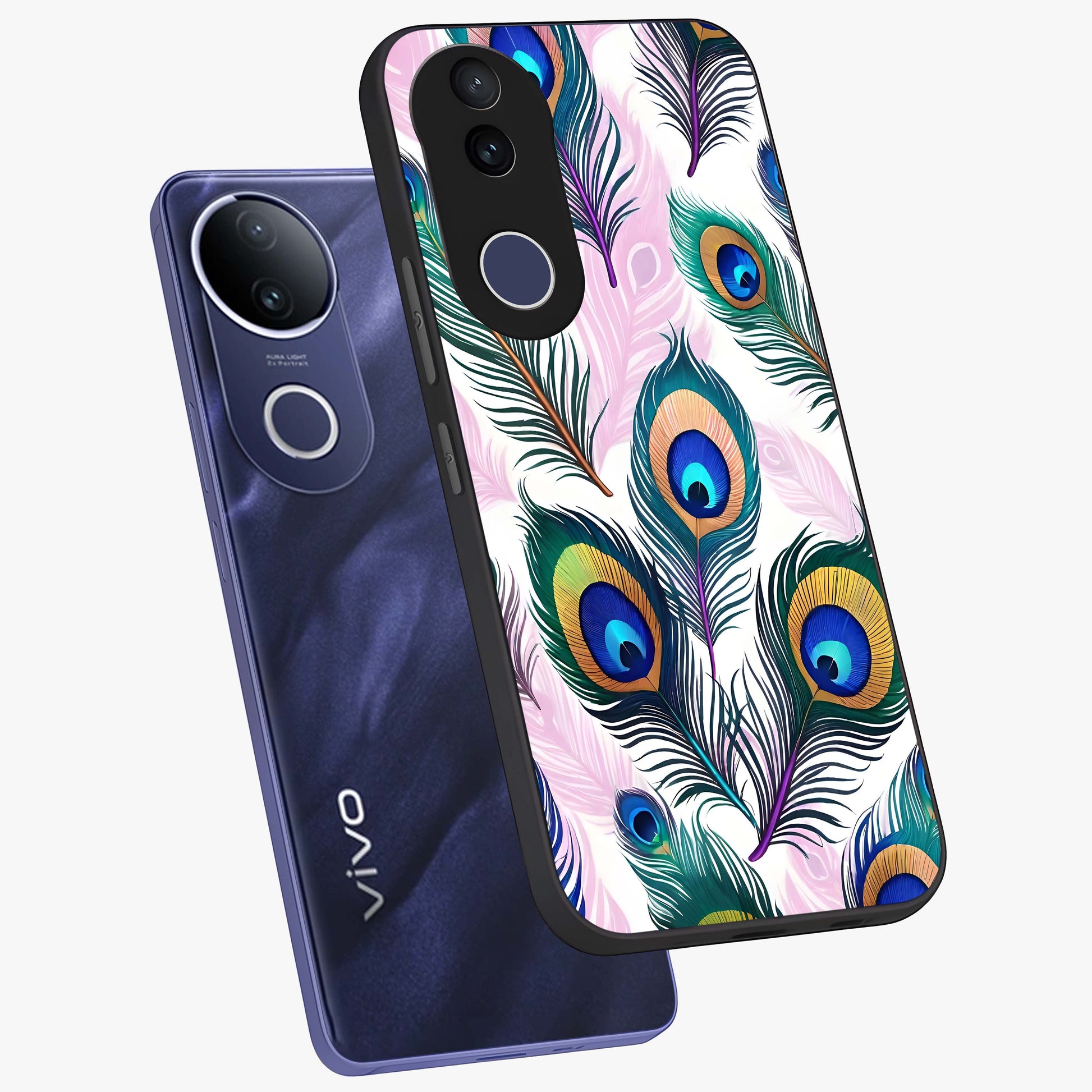 Royal Peacock Feathers Glass Case displayed in angled mockup highlighting vibrant feather pattern with regal aesthetic style.