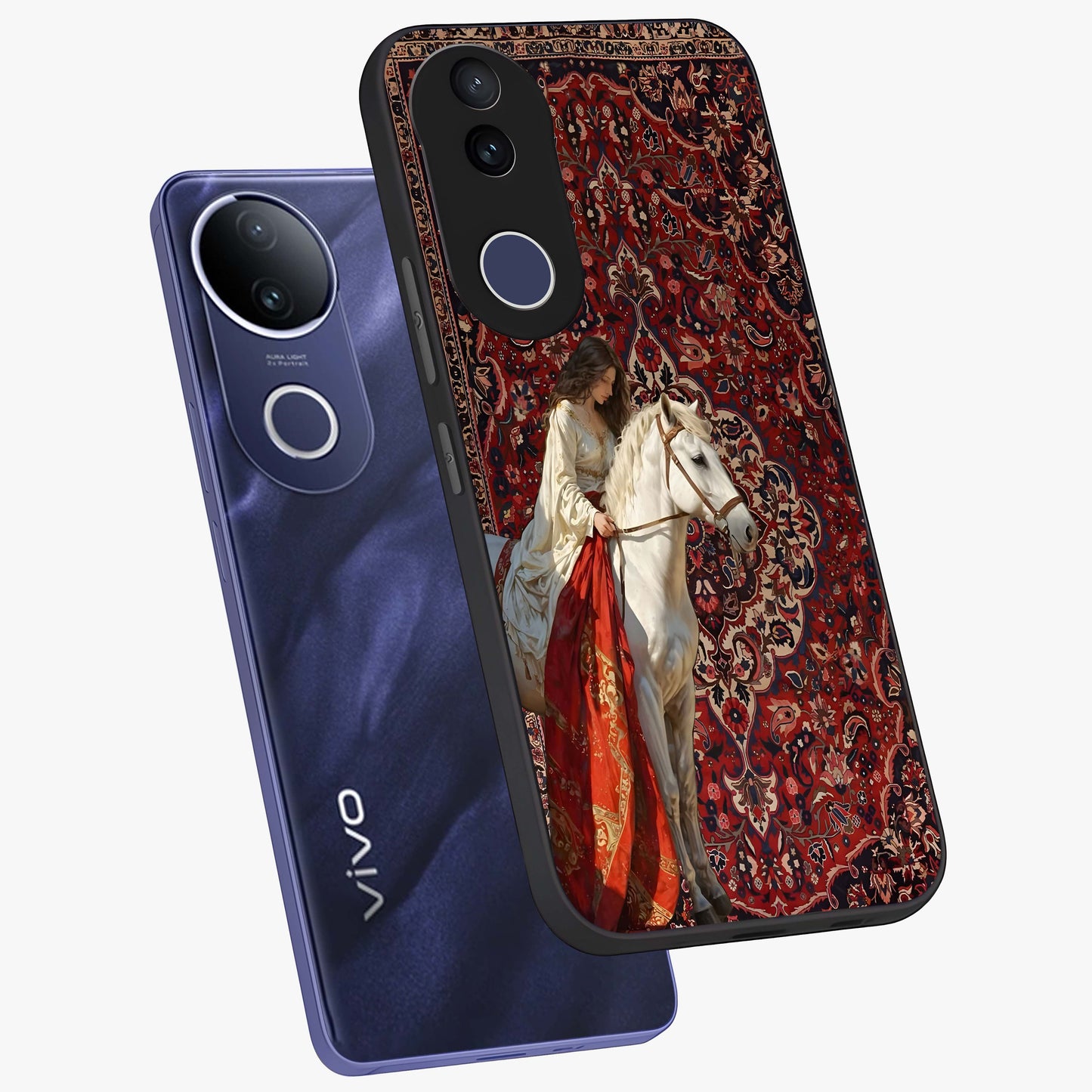 Royal Rider Tapestry Glass Case displayed in angled mockup highlighting traditional tapestry design with royal heritage aesthetic.