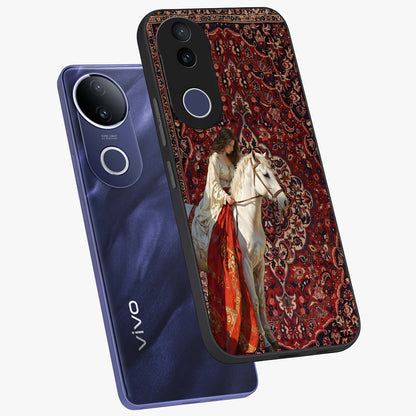 Royal Rider Tapestry Glass Case displayed in angled mockup highlighting traditional tapestry design with royal heritage aesthetic.