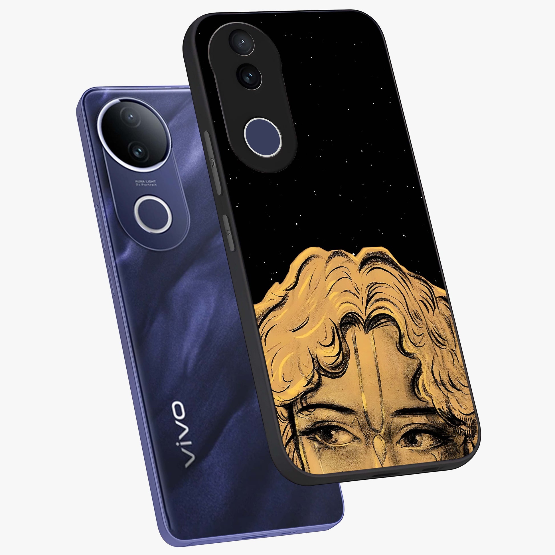 Shri Krishna Art Glass Case displayed in angled mockup highlighting spiritual Krishna illustration with divine aesthetic.