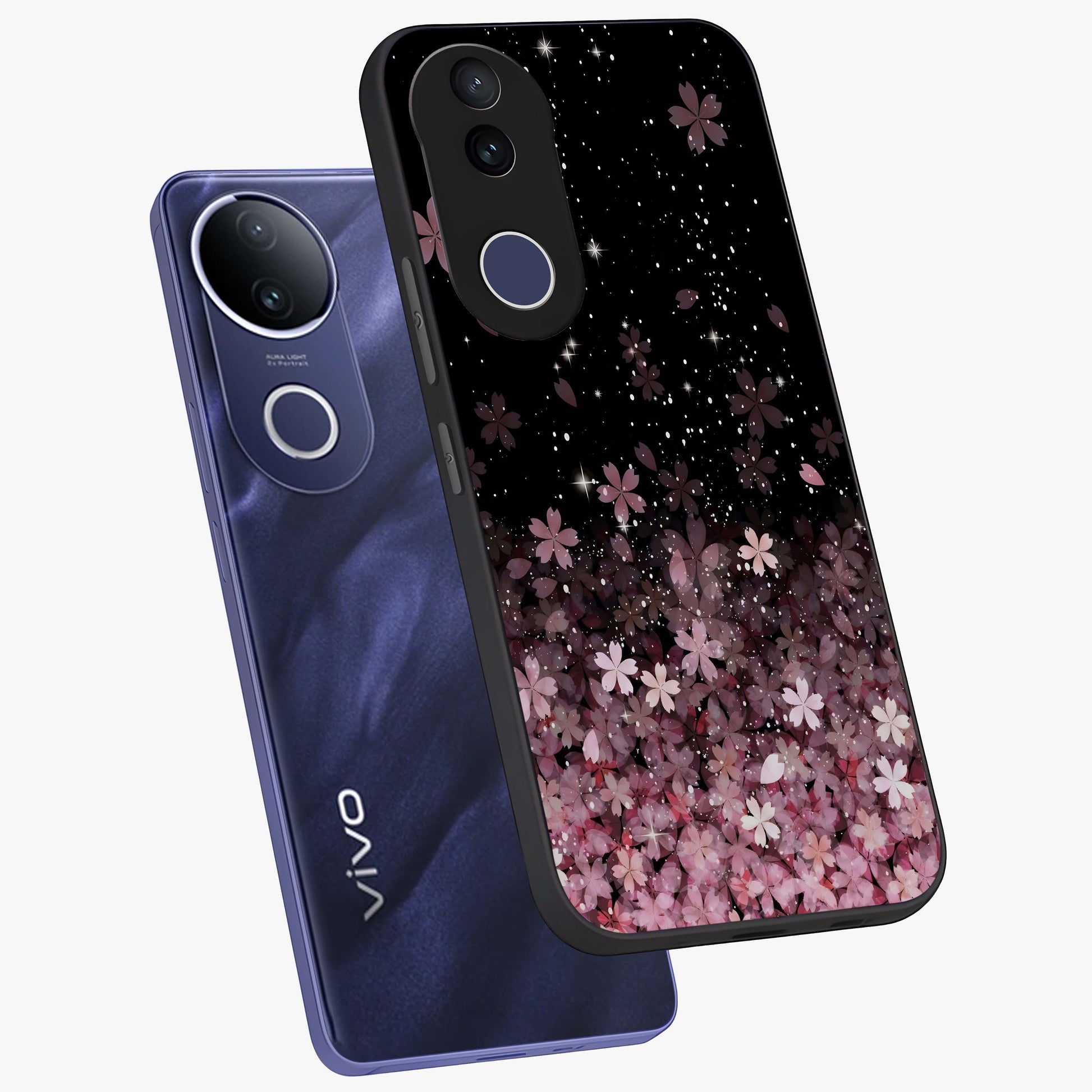 Small Starry Flowers Glass Case displayed in angled mockup highlighting tiny flower pattern with celestial aesthetic style.