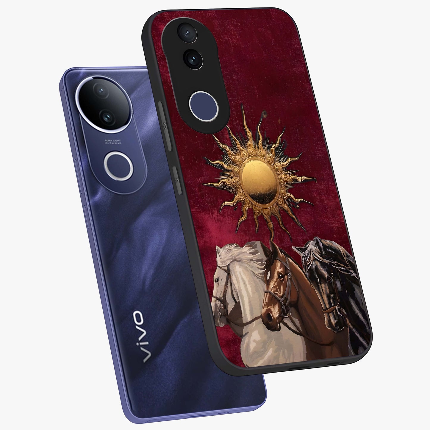 Solar Riders Glass Case displayed in angled mockup highlighting powerful rider illustration with radiant solar aesthetic.