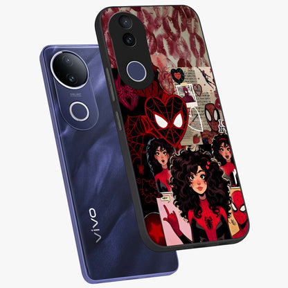 Spider Love Story Glass Case displayed in angled mockup highlighting expressive comic inspired design with playful aesthetic.