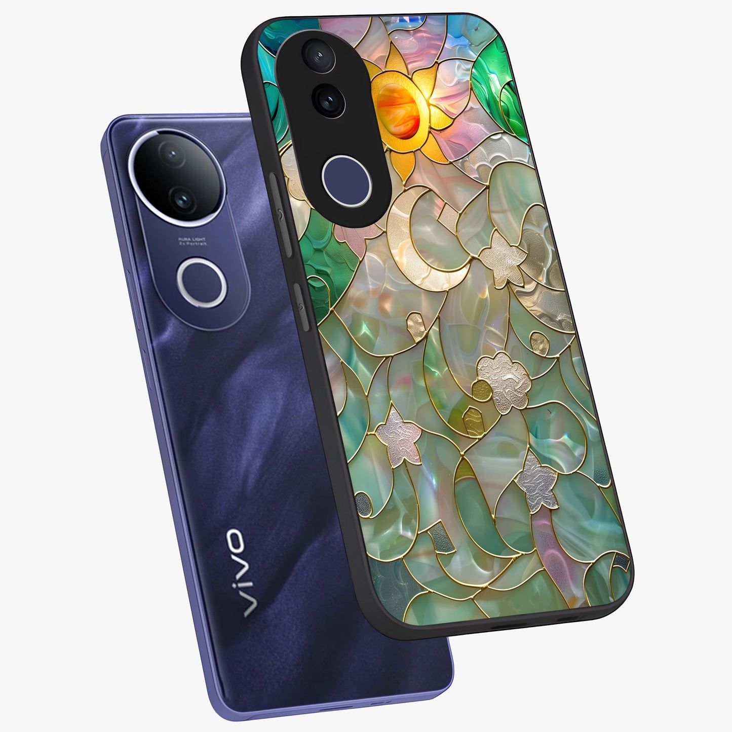 Stained Sunrise Glow Glass Case displayed in angled mockup highlighting radiant sunrise design with artistic aesthetic style.