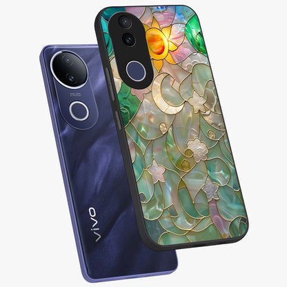 Stained Sunrise Glow Glass Case displayed in angled mockup highlighting radiant sunrise design with artistic aesthetic style.