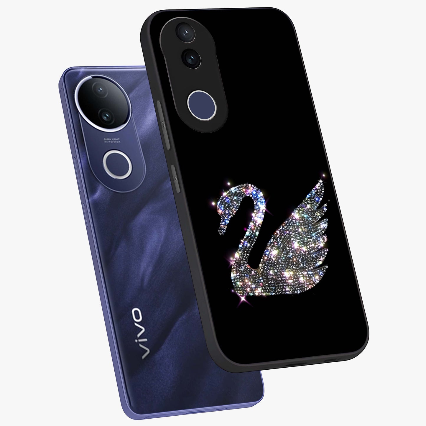 Starlit Swan Grace Glass Case displayed in angled mockup highlighting elegant swan illustration with dreamy celestial aesthetic.