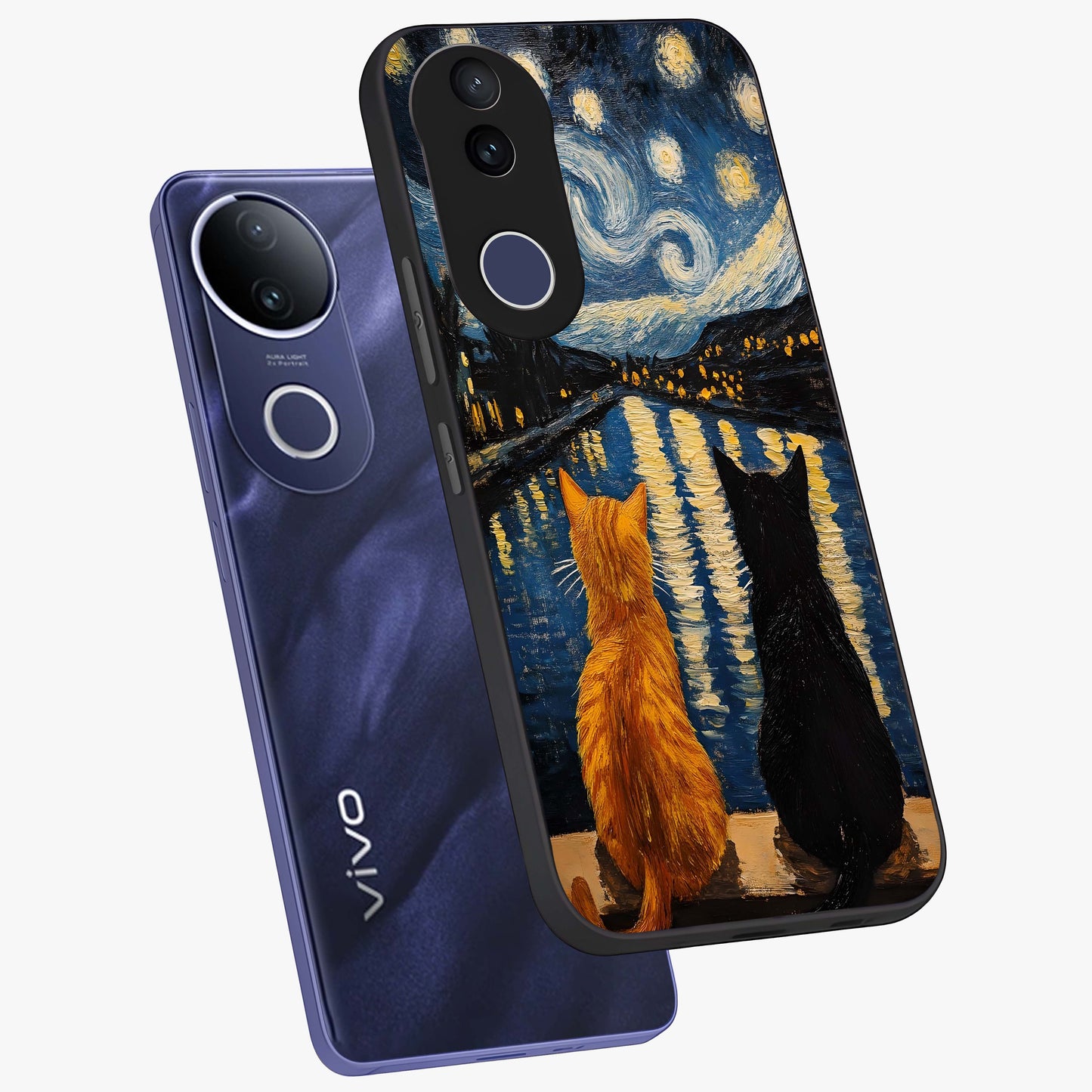 Starry River Cats Glass Case displayed in angled mockup highlighting charming feline illustration with dreamy night aesthetic.