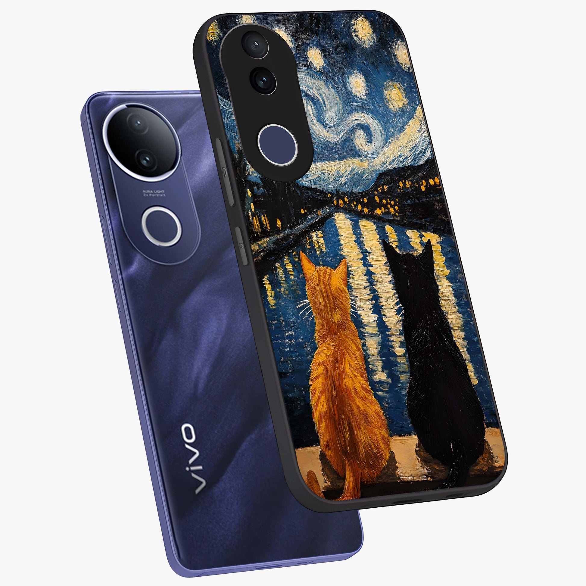 Starry River Cats Glass Case displayed in angled mockup highlighting charming feline illustration with dreamy night aesthetic.