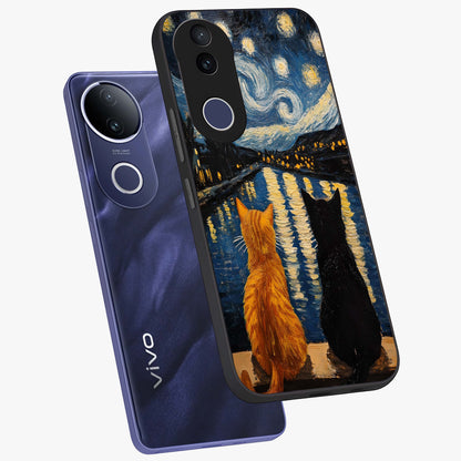 Starry River Cats Glass Case displayed in angled mockup highlighting charming feline illustration with dreamy night aesthetic.