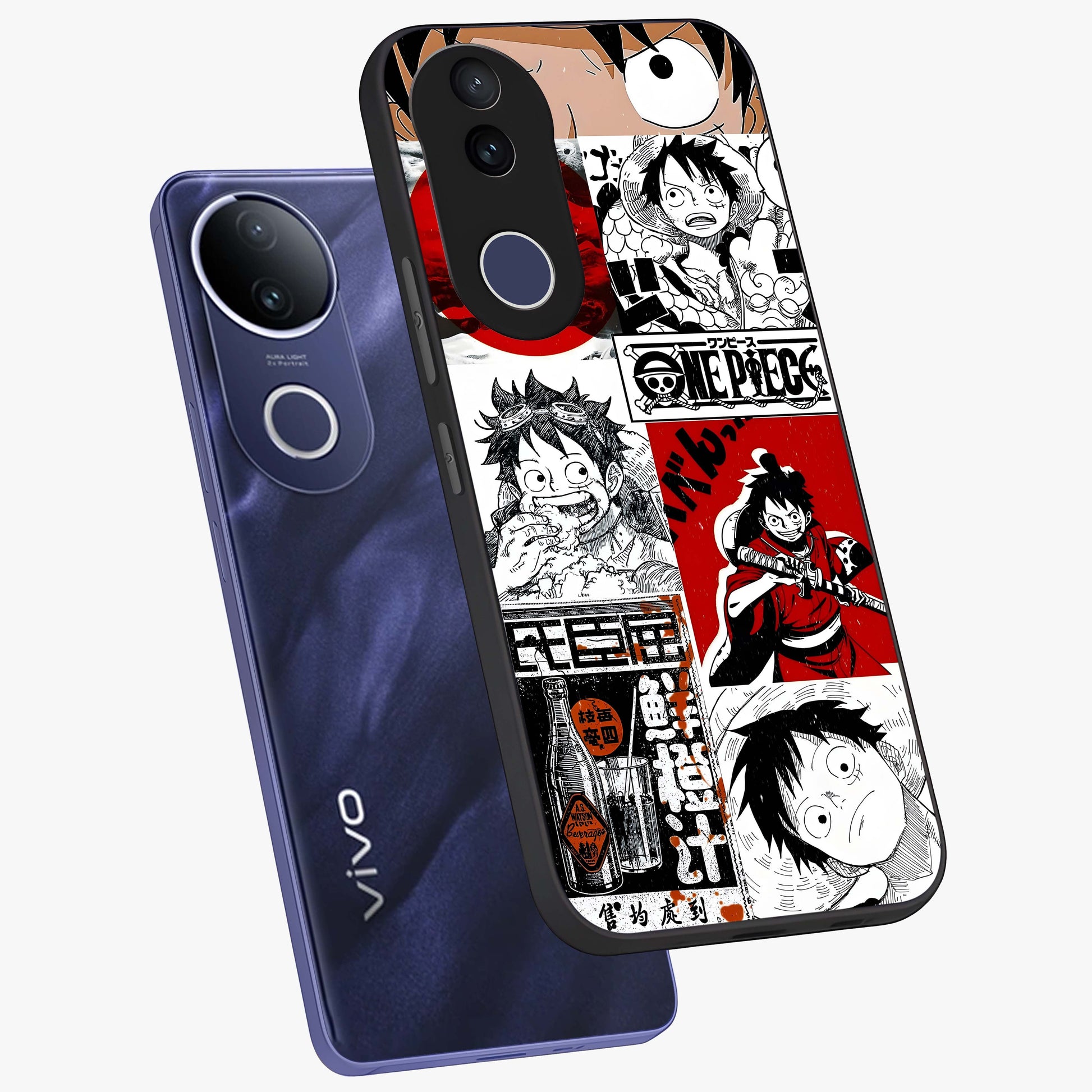 Strawhat Chaos Panels Glass Case displayed in angled mockup highlighting vibrant anime collage design with action aesthetic.