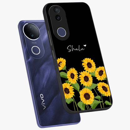 Sunflower Chic Mood Custom Name Glass Case displayed in angled mockup highlighting vibrant sunflower design with custom name feature.