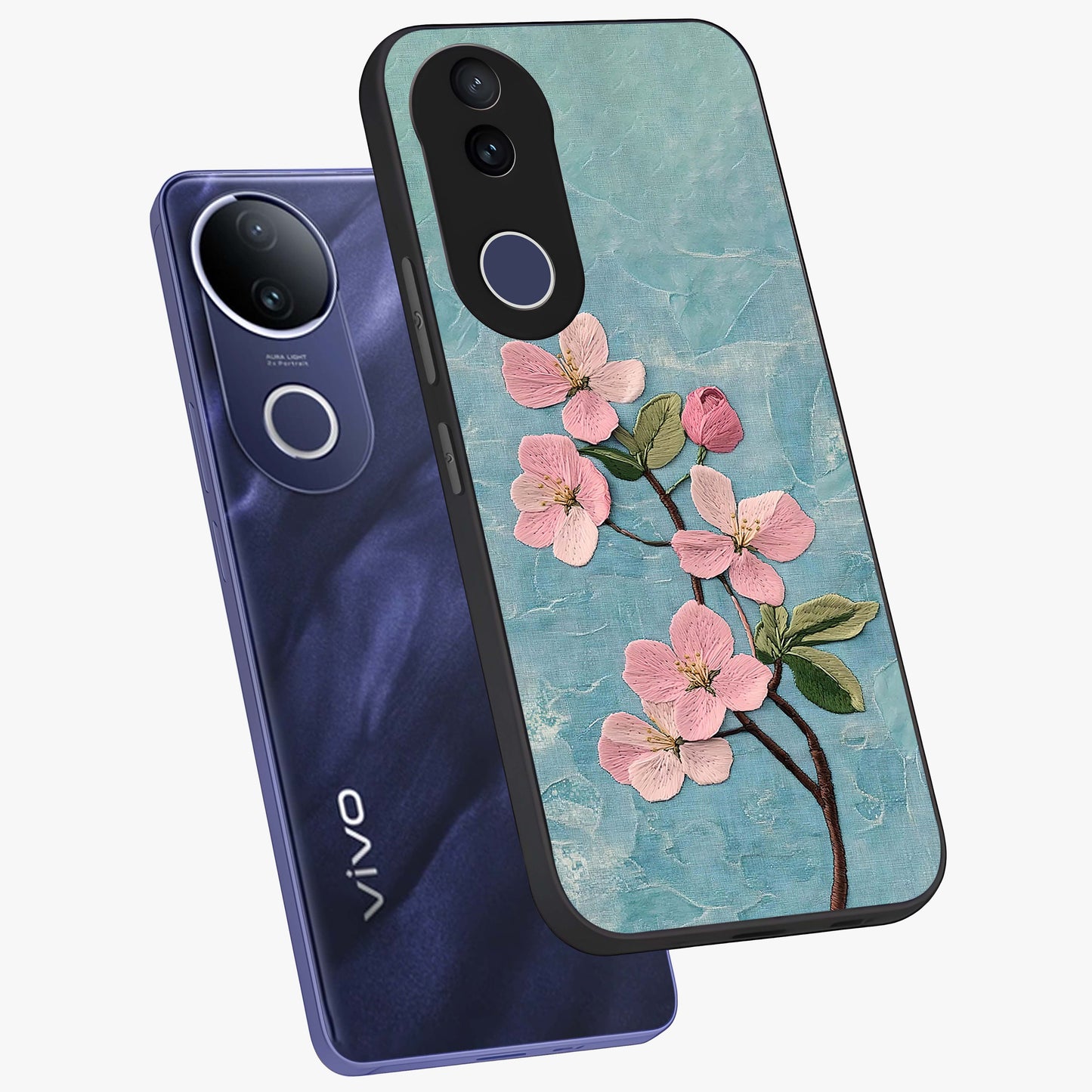 Threaded Blossom Breeze Glass Case displayed in angled mockup highlighting elegant floral design with soft aesthetic style.