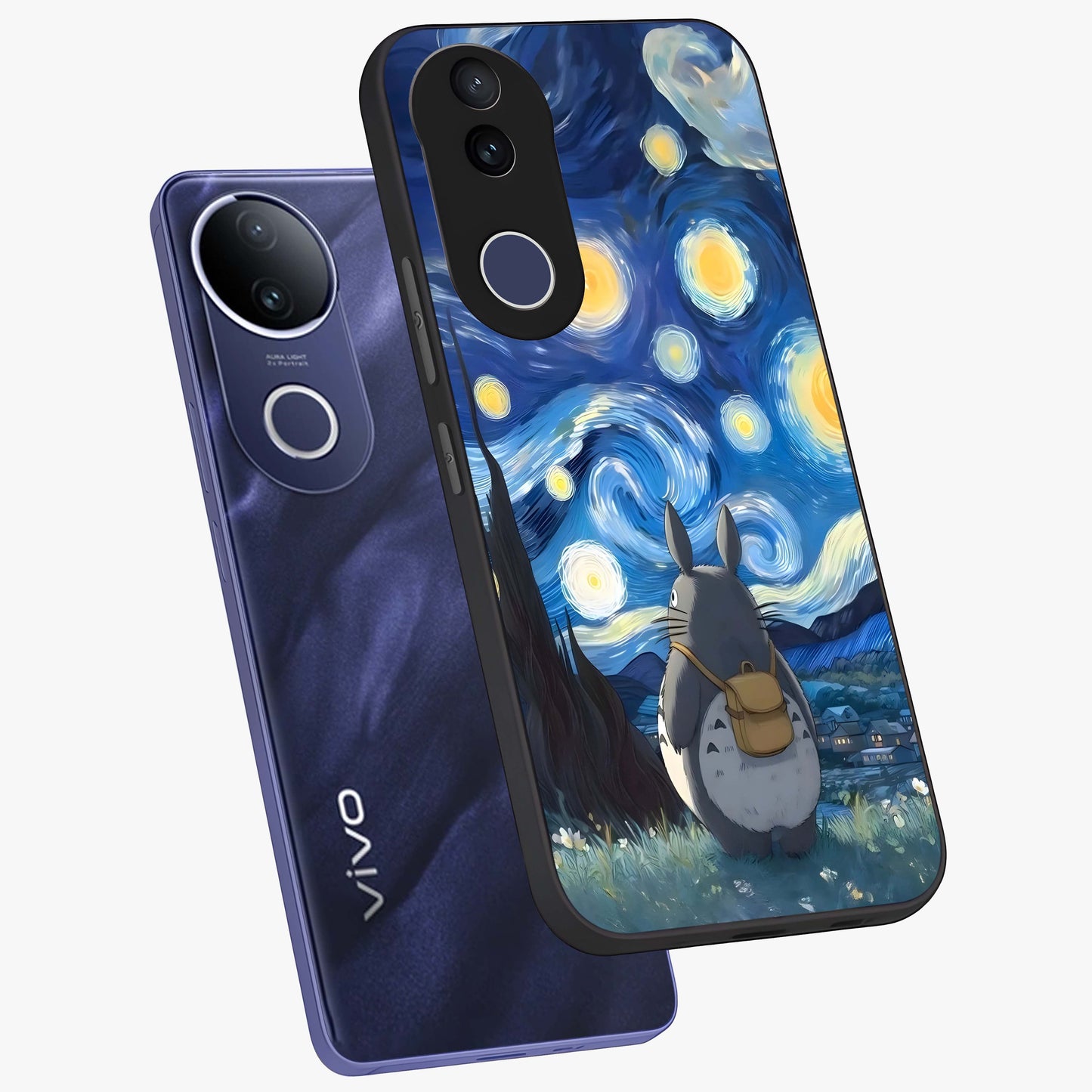 Totoro In Van Gogh Art Glass Case displayed in angled mockup highlighting artistic swirling sky design with playful animation aesthetic.