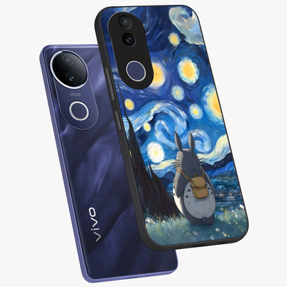Totoro In Van Gogh Art Glass Case displayed in angled mockup highlighting artistic swirling sky design with playful animation aesthetic.