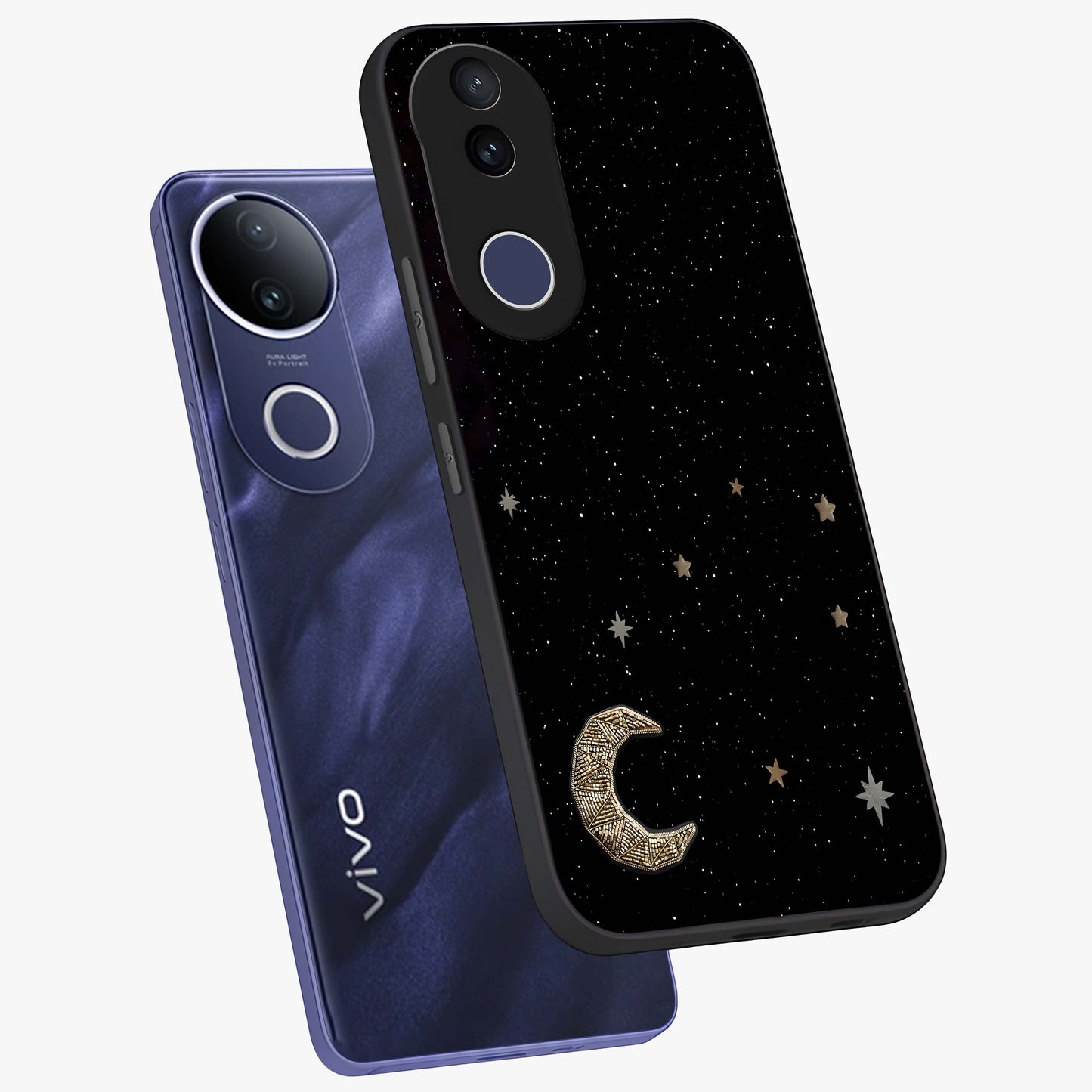 Twinkle Star With Half Moon Glass Case displayed in angled mockup highlighting celestial moon and star design with magical aesthetic.