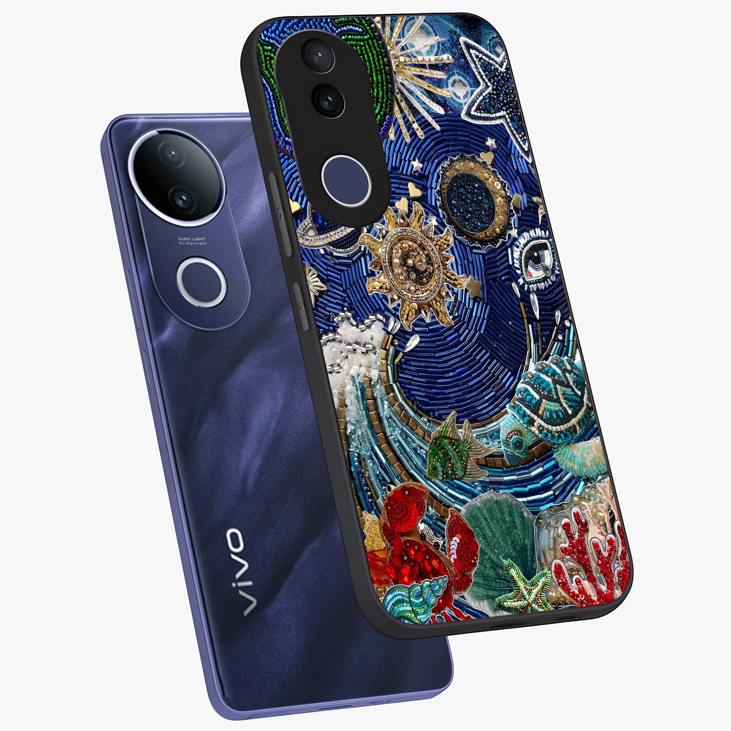 Universe Underwater Spark Glass Case displayed in angled mockup highlighting glowing aquatic design with celestial aesthetic.