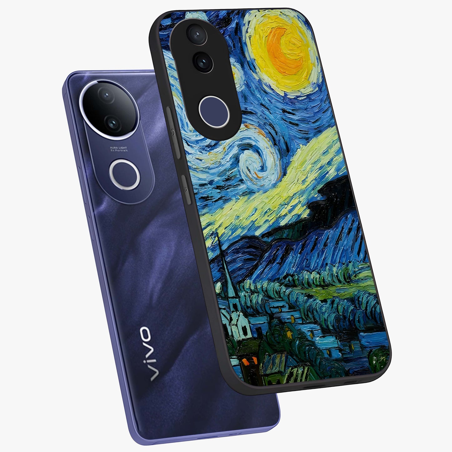 Van Gogh Art Glass Case displayed in angled mockup highlighting swirling brushstroke design with artistic aesthetic.