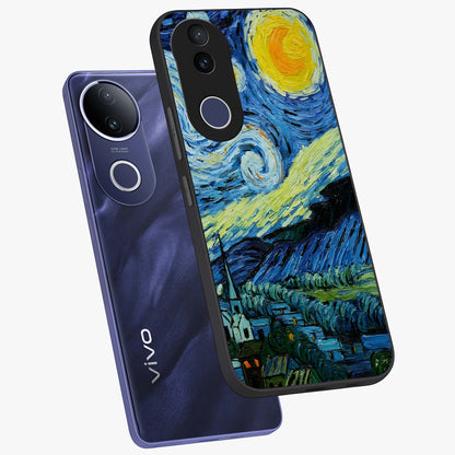 Van Gogh Art Glass Case displayed in angled mockup highlighting swirling brushstroke design with artistic aesthetic.