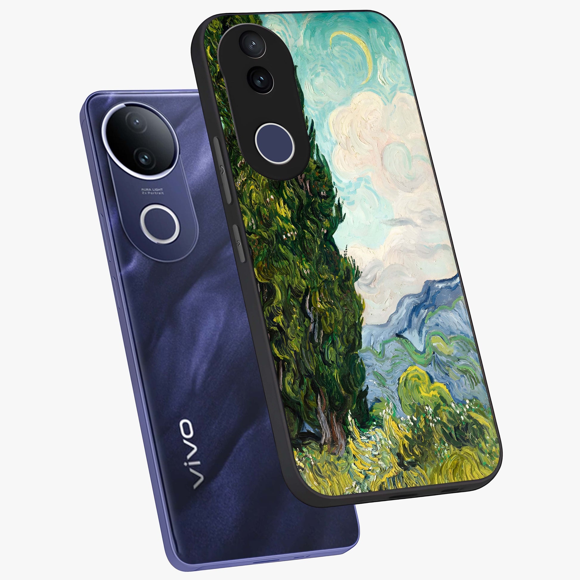 Van Gogh Vintage Art Glass Case displayed in angled mockup highlighting textured brushstroke design with classic aesthetic.