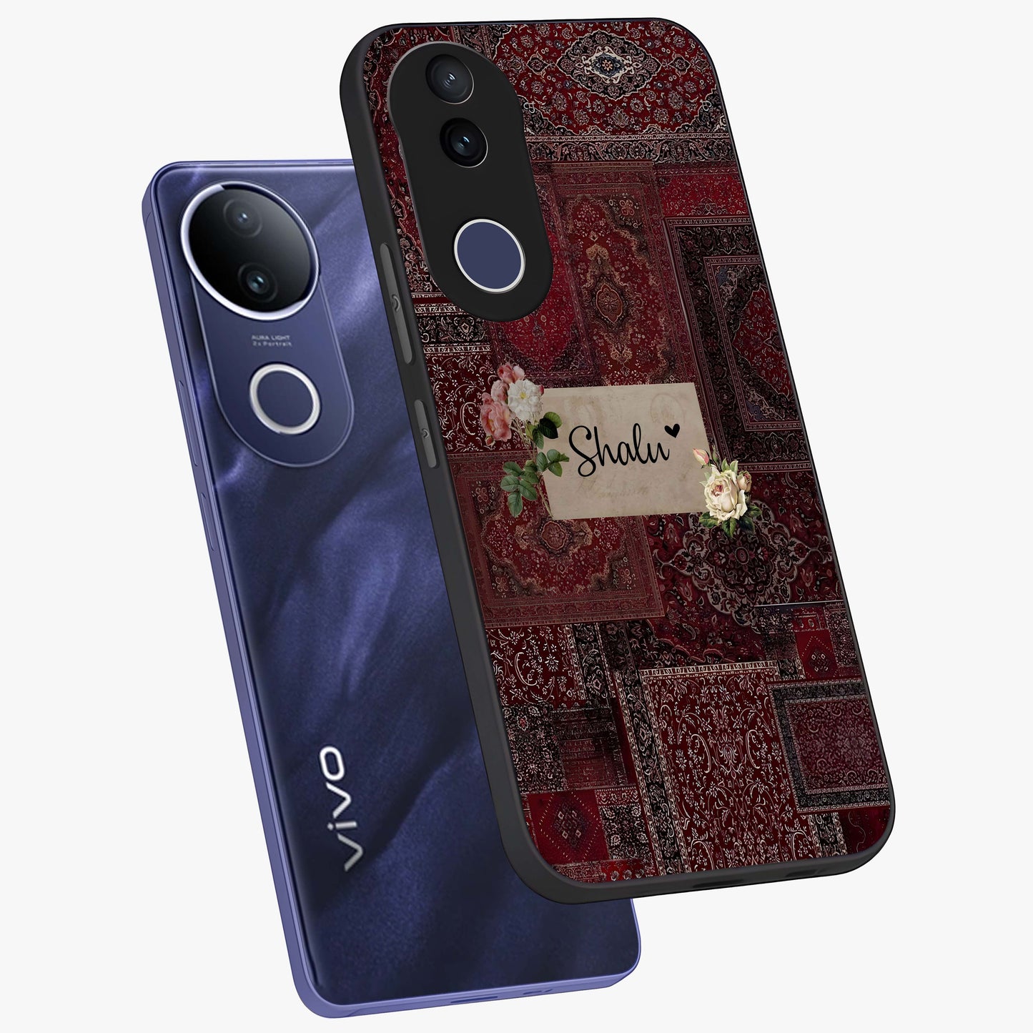Velvet Wine Pattern Custom Name Glass Case displayed in angled mockup highlighting decorative velvet inspired design with custom name feature.