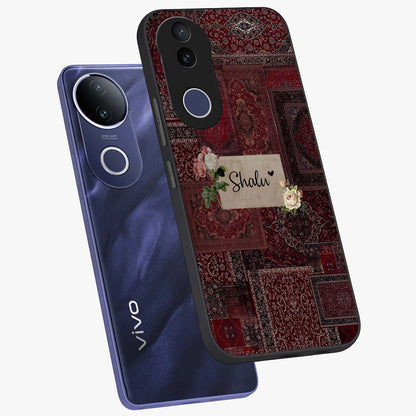 Velvet Wine Pattern Custom Name Glass Case displayed in angled mockup highlighting decorative velvet inspired design with custom name feature.