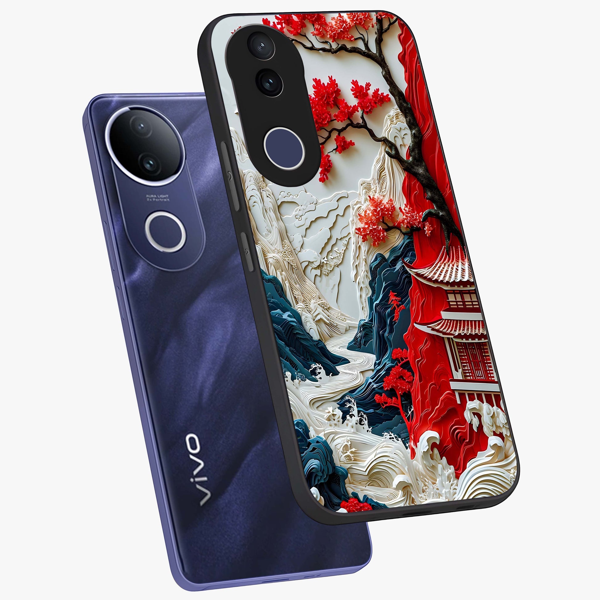 Whispers Of Sakura Waves Glass Case displayed in angled mockup highlighting flowing sakura design with soft floral aesthetic.