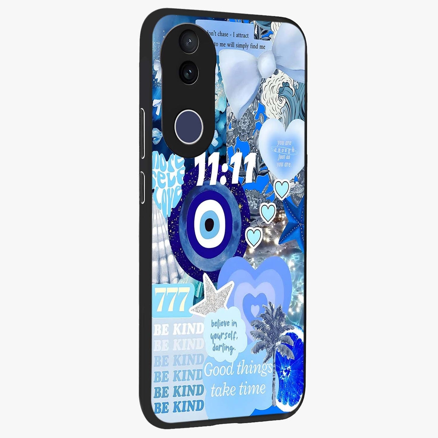 Aesthetic Be Kind Eye Glass Case upright view showcasing stylish eye illustration with positive message theme.