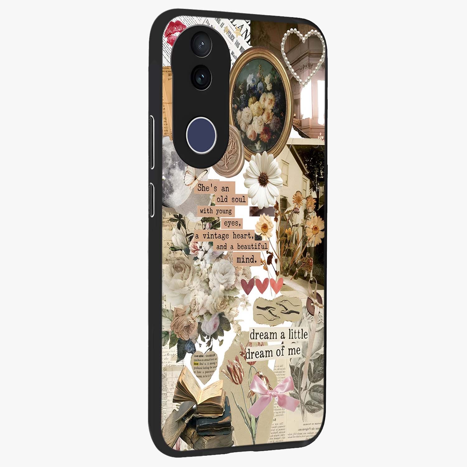 Aesthetic Brown Vintage Collage Glass Case upright view showcasing nostalgic retro artwork with stylish vintage theme.