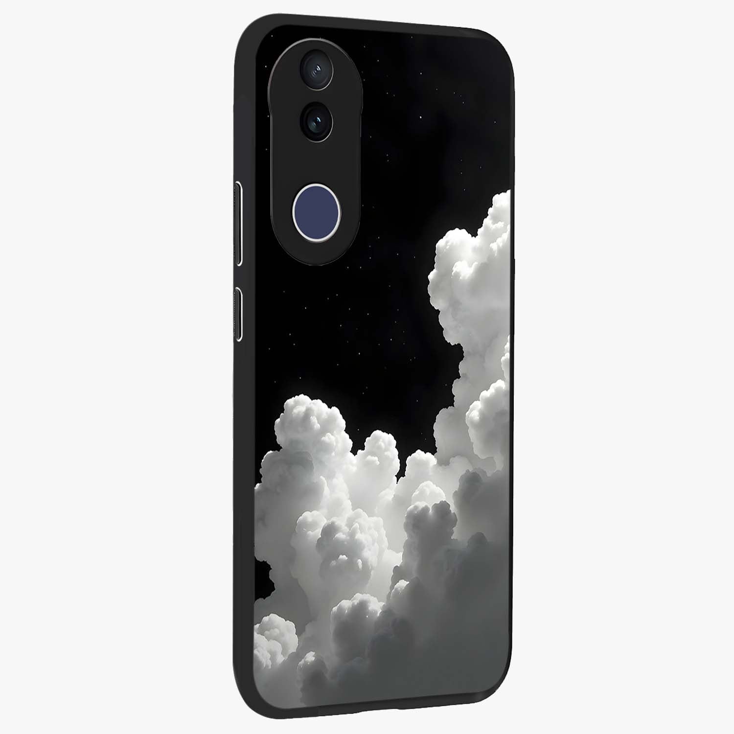 Black Background With White Cloud Glass Case upright view showcasing calm cloud aesthetic with modern minimal style.