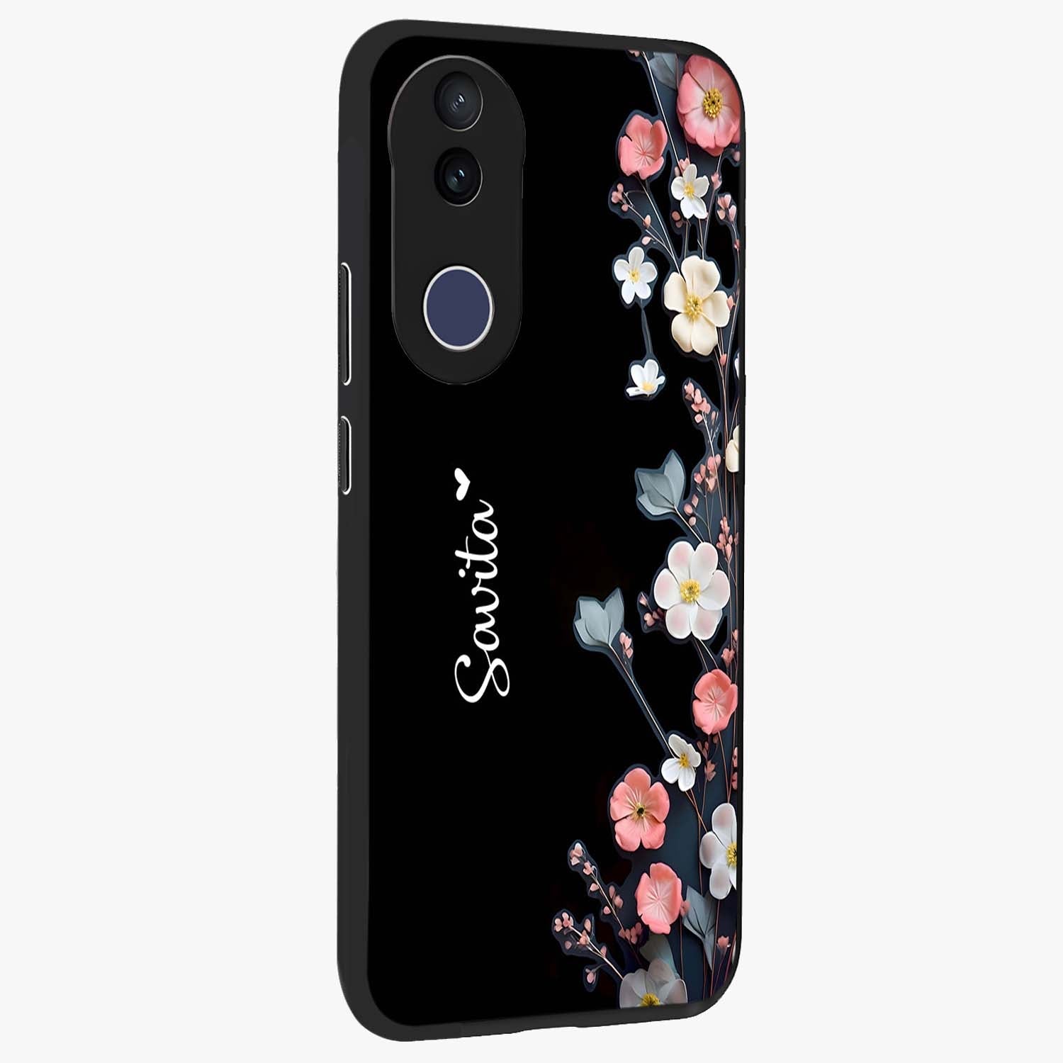 Black Elegance Floral Custom Name Glass Case upright view showcasing luxurious black floral design with personalized name detail.