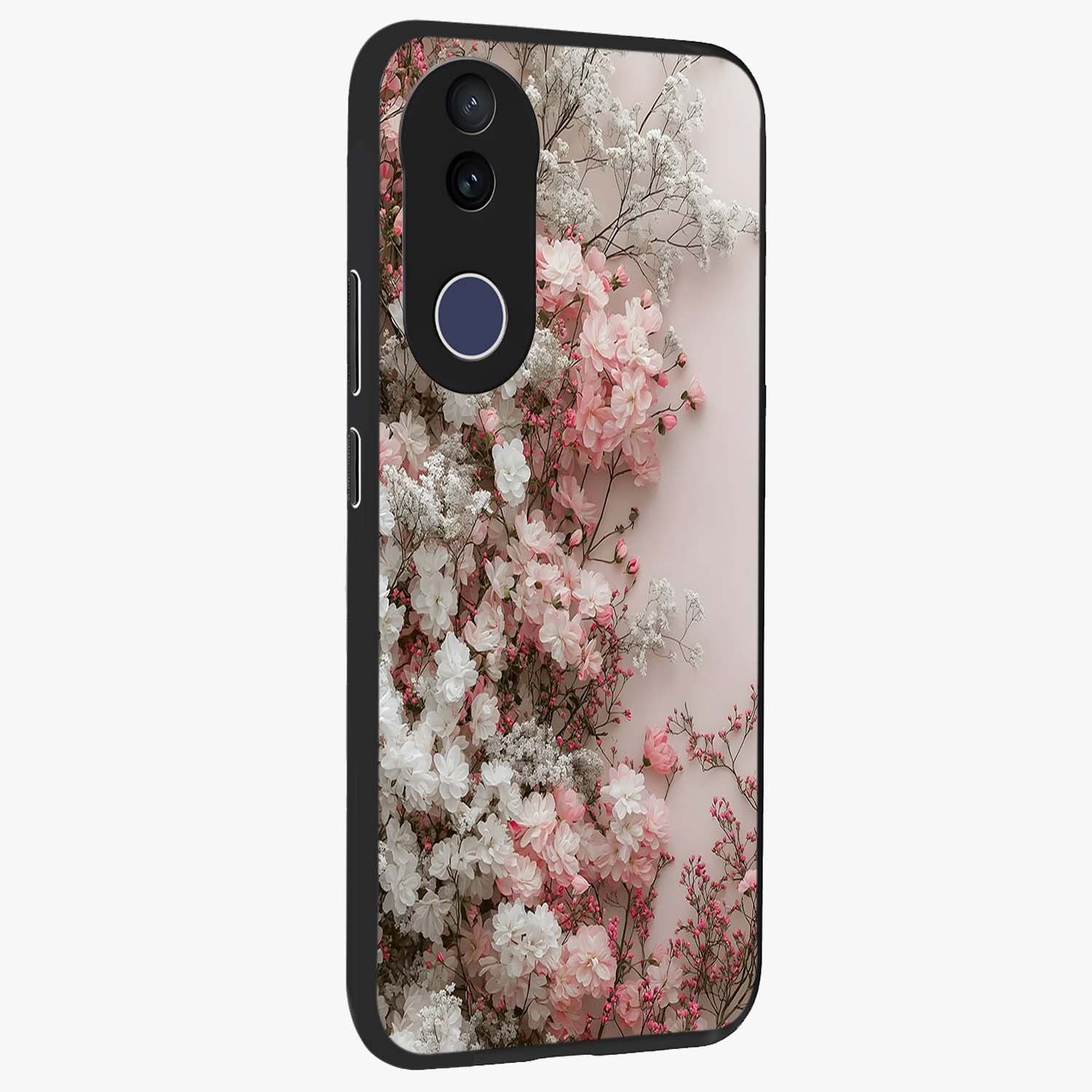 Blush Blossom Cloud Glass Case upright view showcasing calm floral cloud artwork with gentle dreamy theme.