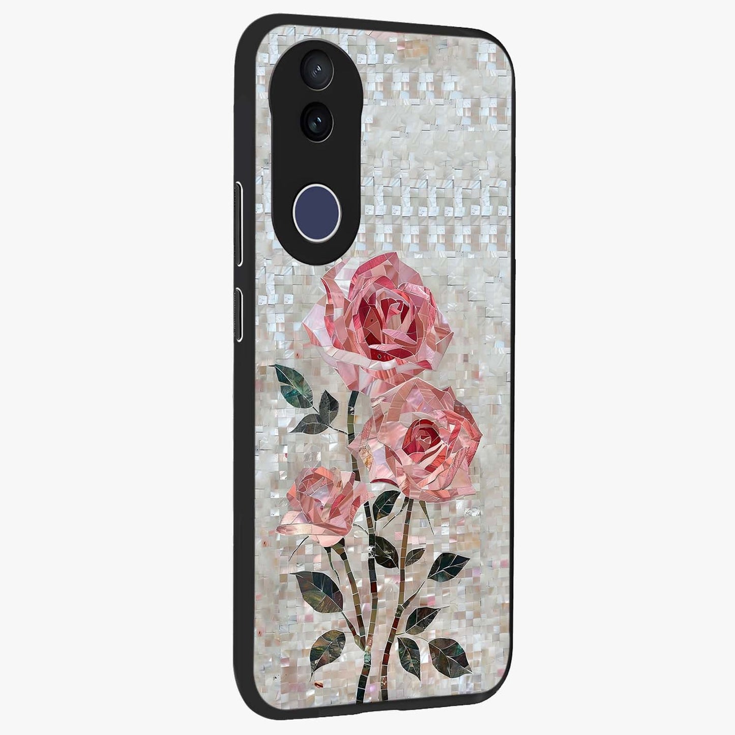 Blush Mosaic Bloom Glass Case upright view showcasing decorative floral mosaic artwork with stylish modern aesthetic.