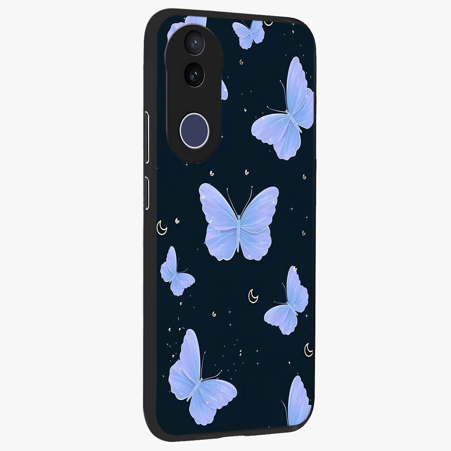 Butterfly With Stars Pattern Glass Case upright view showcasing celestial butterfly artwork with sparkling star elements.