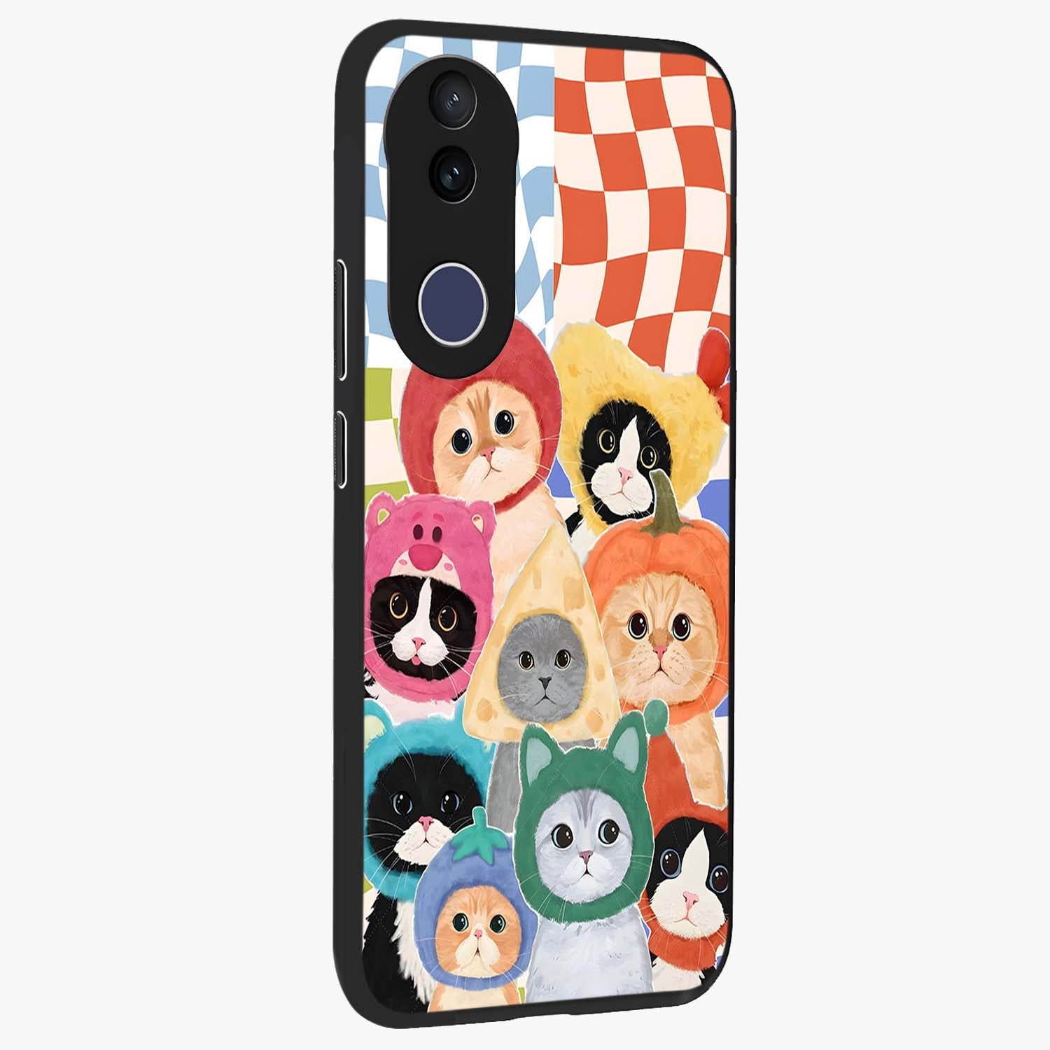 Cats in Fruits Glass Case upright view showcasing charming cat artwork with fun fruity theme.