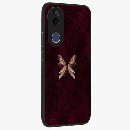 Crimson Fade Butterfly Glass Case upright view showcasing graceful butterfly artwork with soft crimson fade effect.