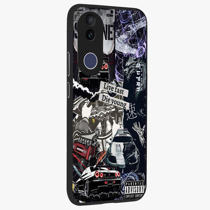Die Young Glass Case upright view showcasing striking typography artwork with modern statement theme.