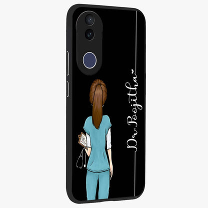 Doctor Pattern Custom Name Glass Case upright view showcasing healthcare themed design with personalized aesthetic.