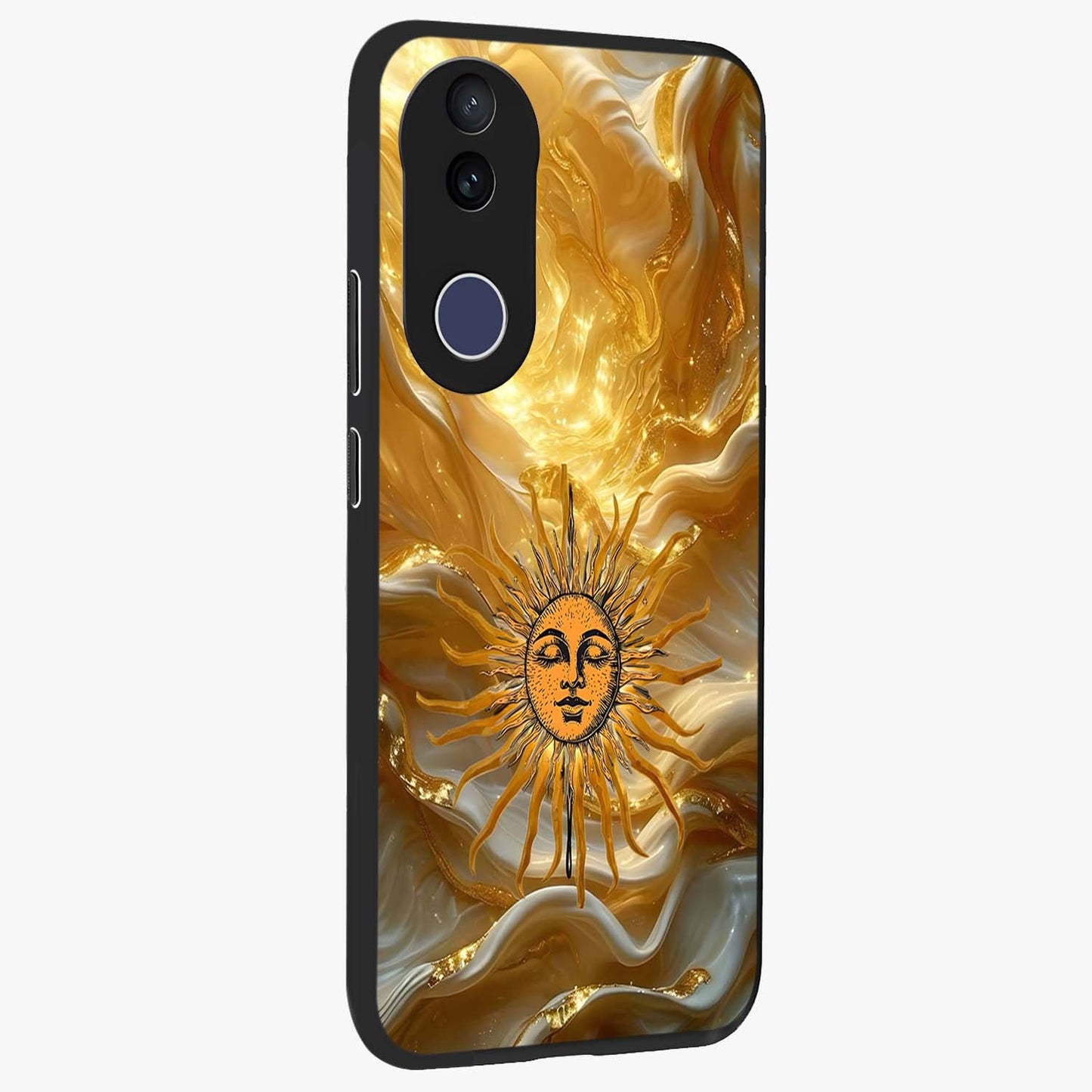 Eternal Golden Glow Glass Case upright view showcasing luminous golden artwork with luxurious visual theme.