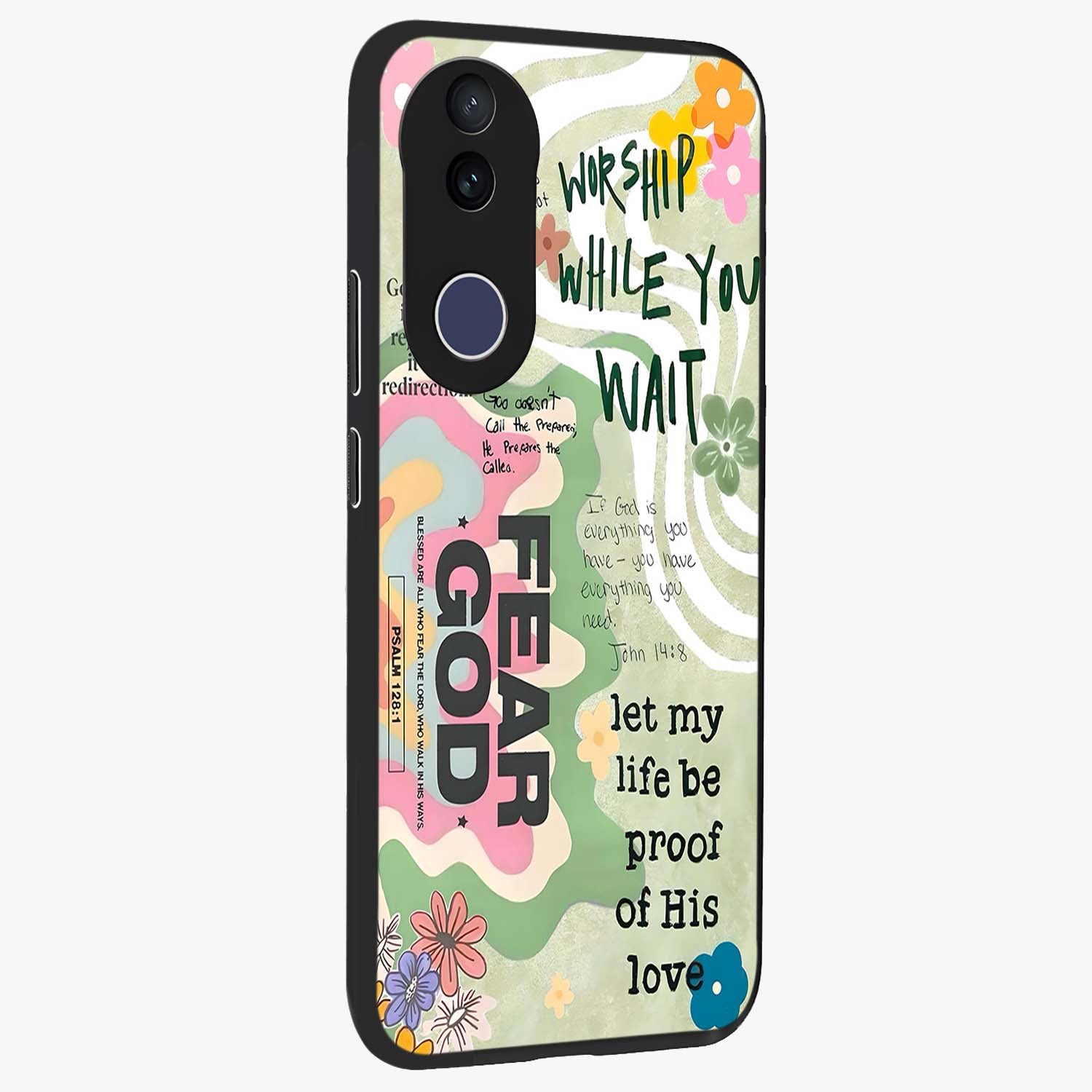 Faith Over Fear Glass Case upright view showcasing bold typography artwork with uplifting motivational theme.