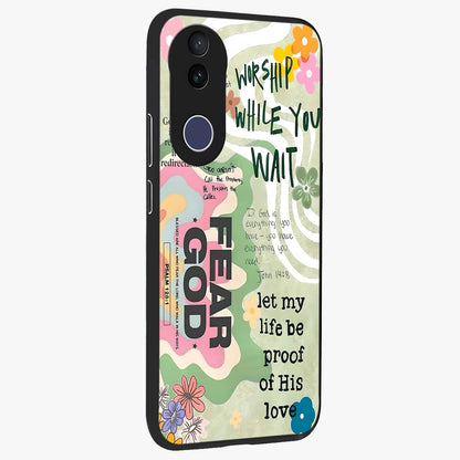 Faith Over Fear Glass Case upright view showcasing bold typography artwork with uplifting motivational theme.