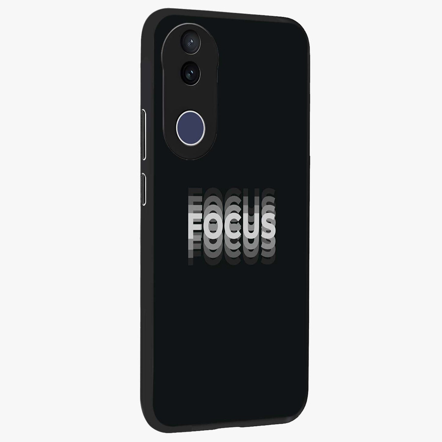 Focus Mode On Glass Case upright view showcasing strong typography statement with sleek motivational theme.