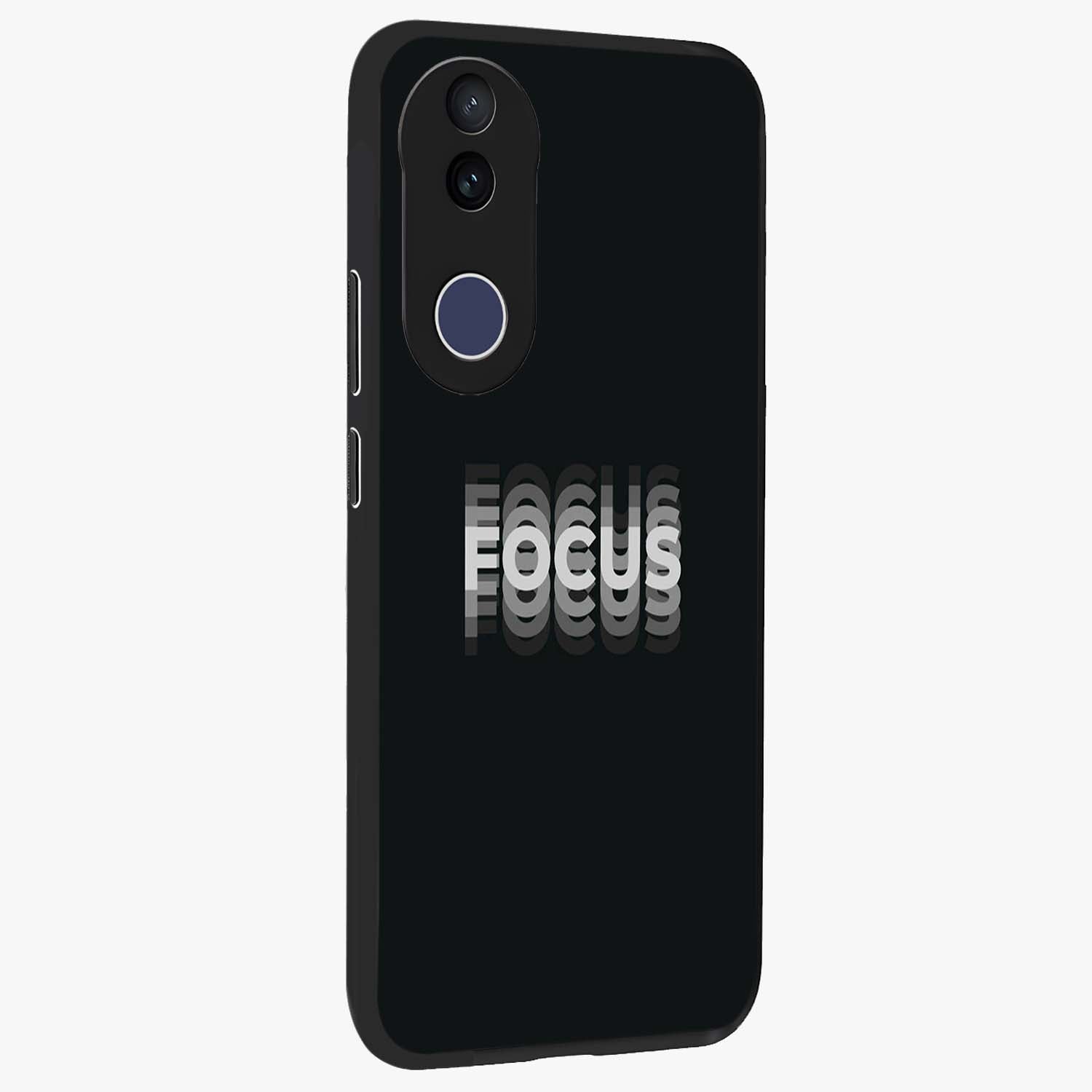 Focus Mode On Glass Case upright view showcasing strong typography statement with sleek motivational theme.