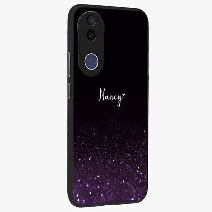 Glittery Purple Bokeh Custom Name Glass Case upright view showcasing vibrant purple sparkle artwork with personalized aesthetic style.