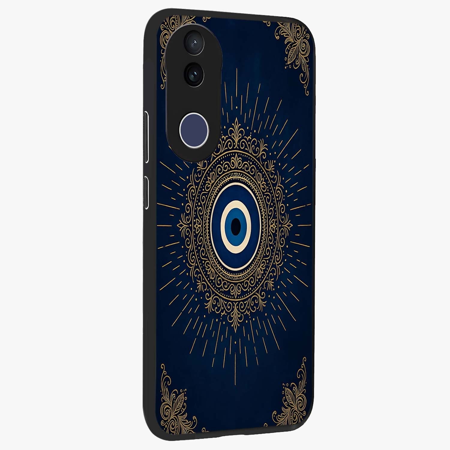 Golden Celestial Charm Glass Case upright view showcasing radiant celestial artwork with elegant golden theme.