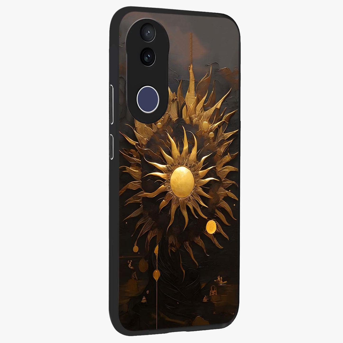 Golden Sun Majesty Glass Case upright view showcasing haunting graveyard artwork with dramatic dark theme.